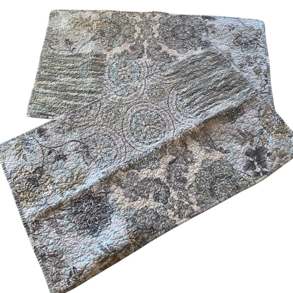 Set of 2 NE Noble Excellence Quilted King Pillow Shams Blue Green Floral Cotton